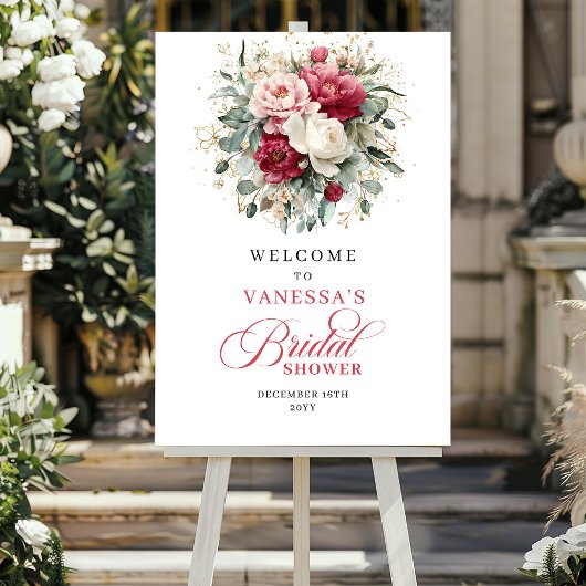 Classic Burgundy Blush Floral Bridal Shower Welcom ポスター