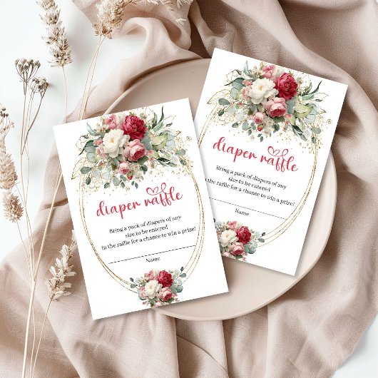 Classic Burgundy Blush Floral Diaper Raffle Card エンクロージャーカード