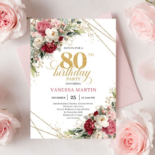 Classic Burgundy Blush Gold 80th Birthday Invite 招待状