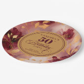 Classic Burgundy Blush Gold Flowers 50th Birthday  ペーパープレート (アングル)