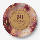 Classic Burgundy Blush Gold Flowers 50th Birthday  ペーパープレート (正面)