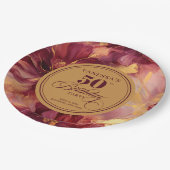 Classic Burgundy Blush Gold Flowers 50th Birthday  ペーパープレート (アングル)