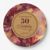 Classic Burgundy Blush Gold Flowers 50th Birthday  ペーパープレート (正面)