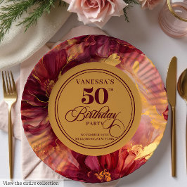 Classic Burgundy Blush Gold Flowers 50th Birthday  ペーパープレート