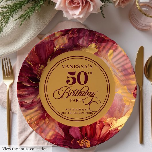 Classic Burgundy Blush Gold Flowers 50th Birthday  ペーパープレート