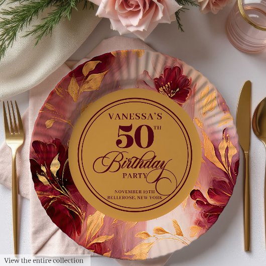 Classic Burgundy Blush Gold Flowers 50th Birthday  ペーパープレート