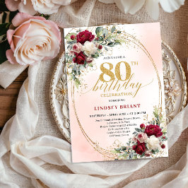 Classic Burgundy Boho Floral 80th Birthday Invite 招待状
