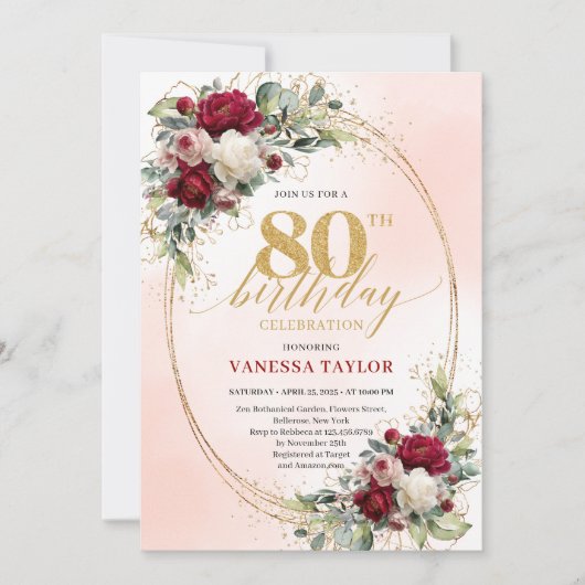 Classic Burgundy Boho Floral 80th Birthday Invite 招待状 (正面)