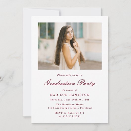 Classic Burgundy Double Border Photo Graduation 招待状 (裏面)