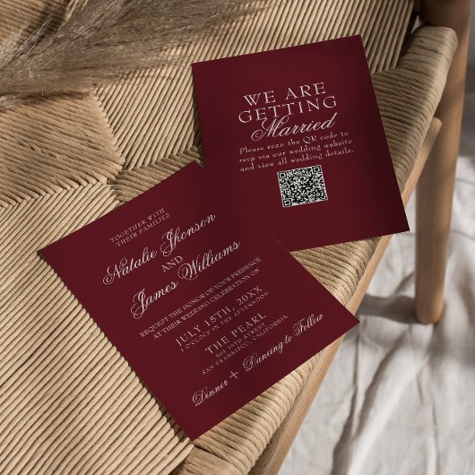 Classic Burgundy Fancy Old Money QR Code Wedding 招待状