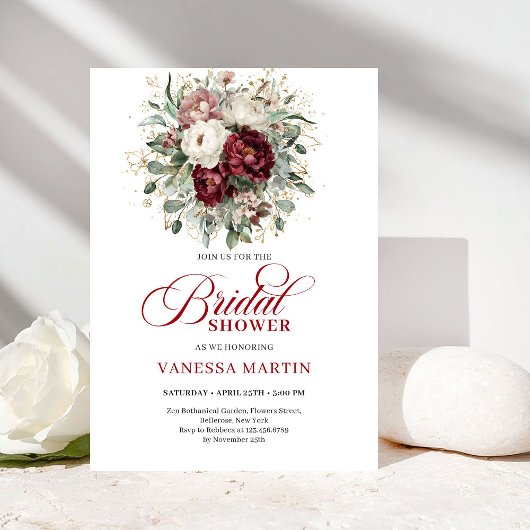 Classic Burgundy Floral Bridal Shower Invitation 招待状
