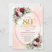 Classic Burgundy Floral Gold 80th Birthday Invite 招待状 (正面)