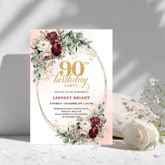 Classic Burgundy Floral Gold 90th Birthday Invite 招待状