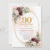 Classic Burgundy Floral Gold 90th Birthday Invite 招待状 (正面)