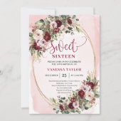Classic Burgundy Floral Gold Sweet Sixteen Card 招待状 (正面)