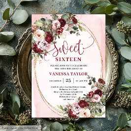 Classic Burgundy Floral Gold Sweet Sixteen Card 招待状