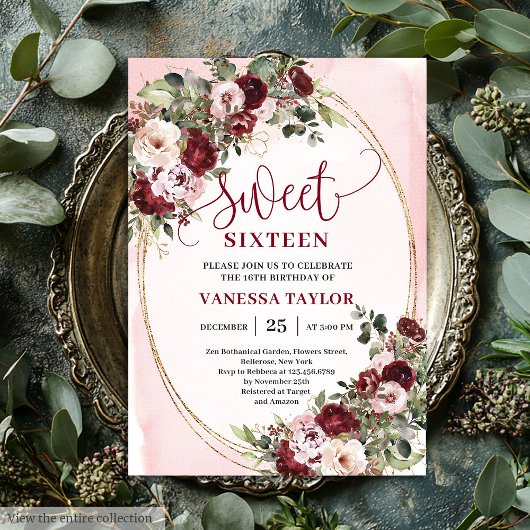 Classic Burgundy Floral Gold Sweet Sixteen Card 招待状