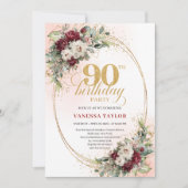 Classic Burgundy Flowers Gold 90th Birthday Invite 招待状 (正面)