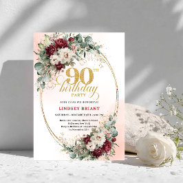 Classic Burgundy Flowers Gold 90th Birthday Invite 招待状