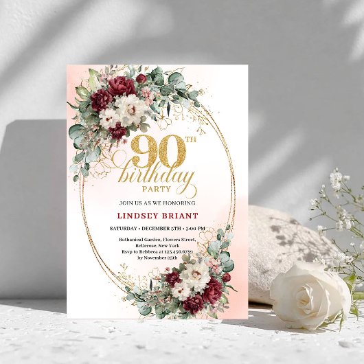 Classic Burgundy Flowers Gold 90th Birthday Invite 招待状