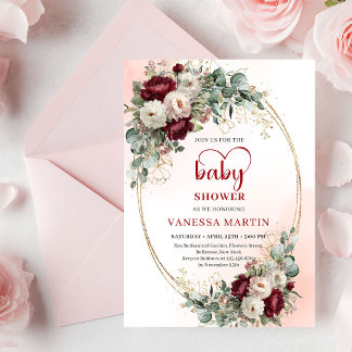 Classic Burgundy Flowers Gold Baby Shower Invite 招待状