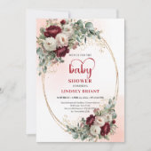 Classic Burgundy Flowers Gold Baby Shower Invite 招待状 (正面)