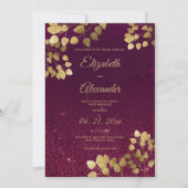 Classic burgundy glitter gold eucalyptus Wedding 招待状 (正面)
