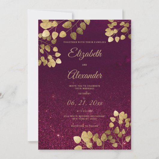 Classic burgundy glitter gold eucalyptus Wedding 招待状 (正面)