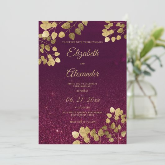 Classic burgundy glitter gold eucalyptus Wedding 招待状 (スタンド正面)
