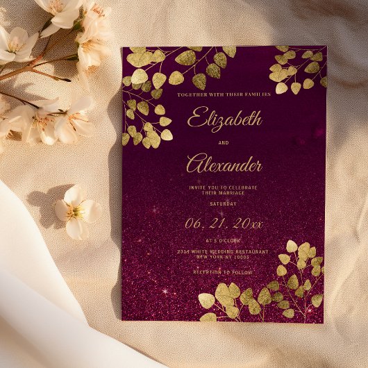 Classic burgundy glitter gold eucalyptus Wedding 招待状