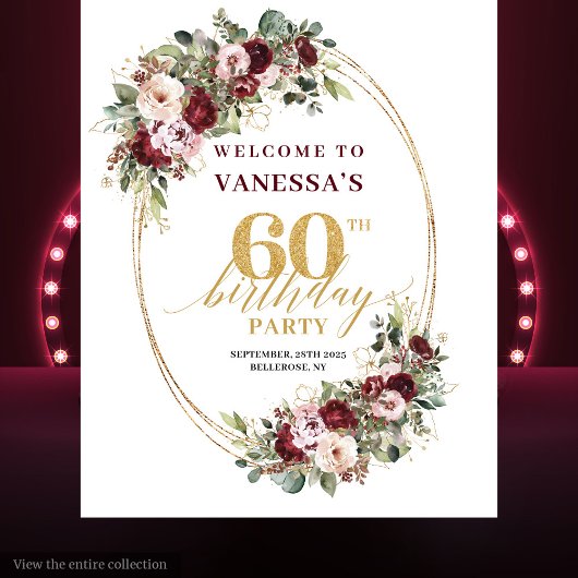 Classic Burgundy Gold Floral 60th Birthday Banner タペストリー