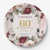 Classic Burgundy Gold Floral Boho 60th Birthday ペーパープレート (正面)
