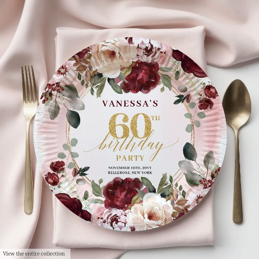 Classic Burgundy Gold Floral Boho 60th Birthday ペーパープレート