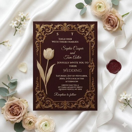Classic Burgundy Ivory Gold Baroque Tulips Wedding 招待状