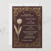 Classic Burgundy Ivory Gold Baroque Tulips Wedding 招待状 (正面)