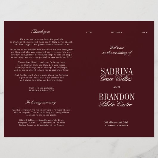 Classic Burgundy & Ivory Modern Wedding Program (正面)