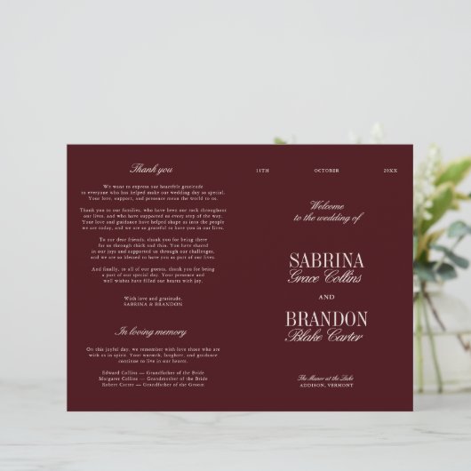 Classic Burgundy & Ivory Modern Wedding Program (スタンド正面)