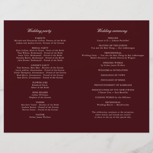 Classic Burgundy & Ivory Modern Wedding Program (裏面)