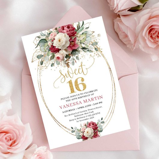 Classic Burgundy Red Floral Sweet Sixteen Invites 招待状
