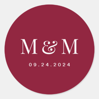 Classic  Burgundy Red Monogram Typography Wedding ラウンドシール