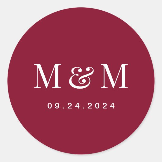 Classic Burgundy Red Monogram Typography Wedding ラウンドシール (正面)