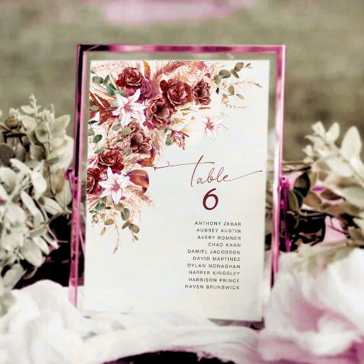 Classic Burgundy Rose & Blush Floral Table Number ノートカード