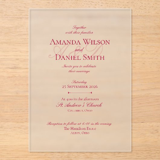 Classic Burgundy Wedding Invitation (Acrylic) アクリル招待状 (正面)