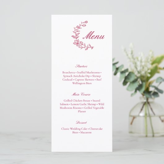 Classic Burgundy Wedding Menu with Floral Accent メニュー (スタンド正面)