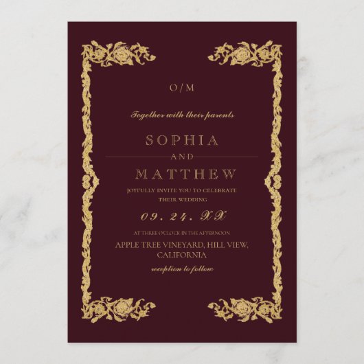 Classic Burgundy Wedding Photo Invitation 招待状 (正面)