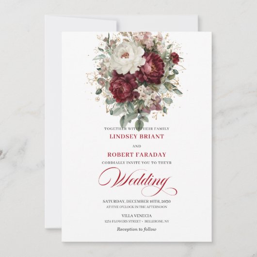 Classic Burgundy White Botanical Wedding Invite 招待状 (正面)