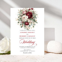 Classic Burgundy White Floral Gold Wedding Invite 招待状