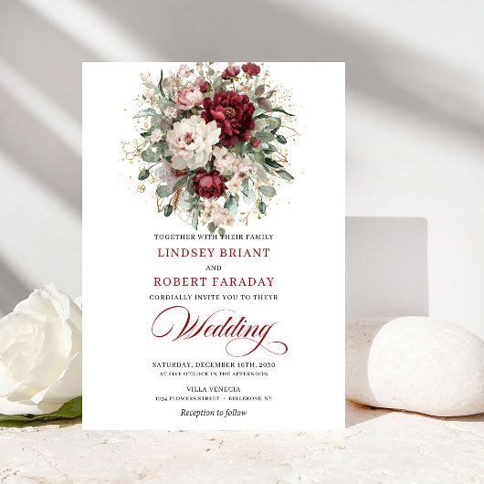 Classic Burgundy White Floral Gold Wedding Invite 招待状