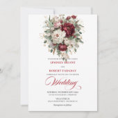 Classic Burgundy White Floral Gold Wedding Invite 招待状 (正面)
