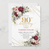 Classic Burgundy White Gold Roses 90th Birthday  招待状 (正面)